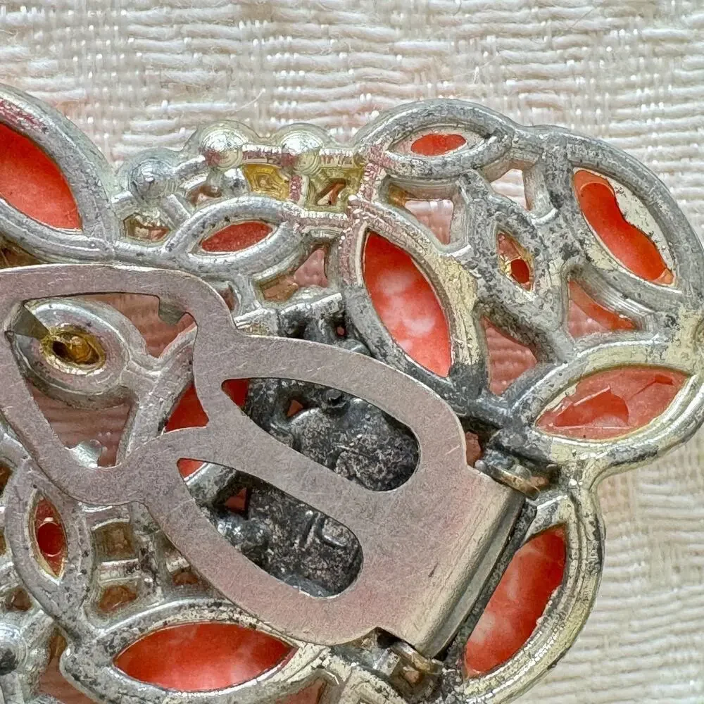Vintage AJ Signed Rhinestone Coral Glass Dress Clip Brooch Marbled Stones